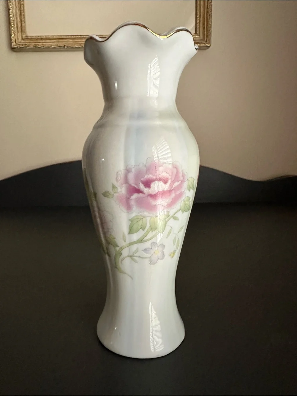 Vintage Porcelain Pink Rose Floral Vase with Gold Trim 6” Tall